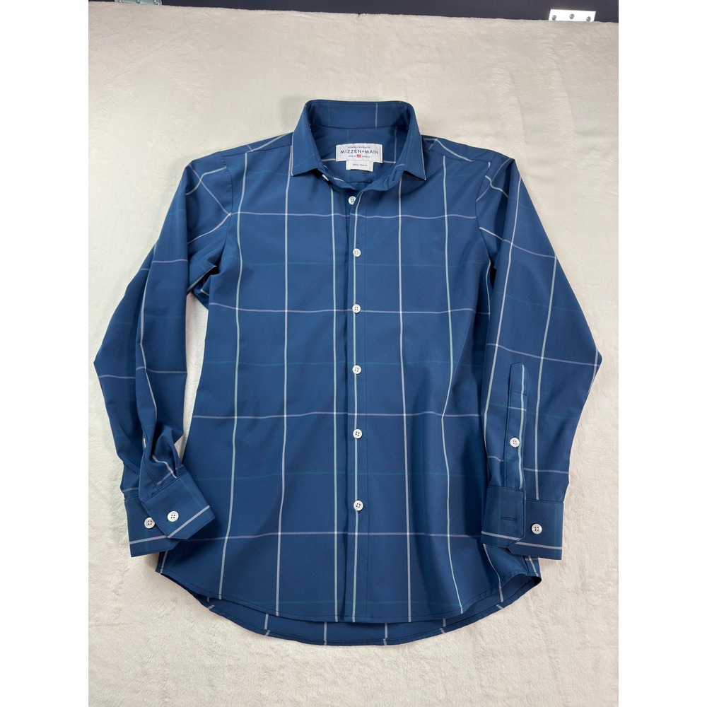 Mizzen + Main Leeward Collection Blue Windowpane Trim Fit Shirt Small